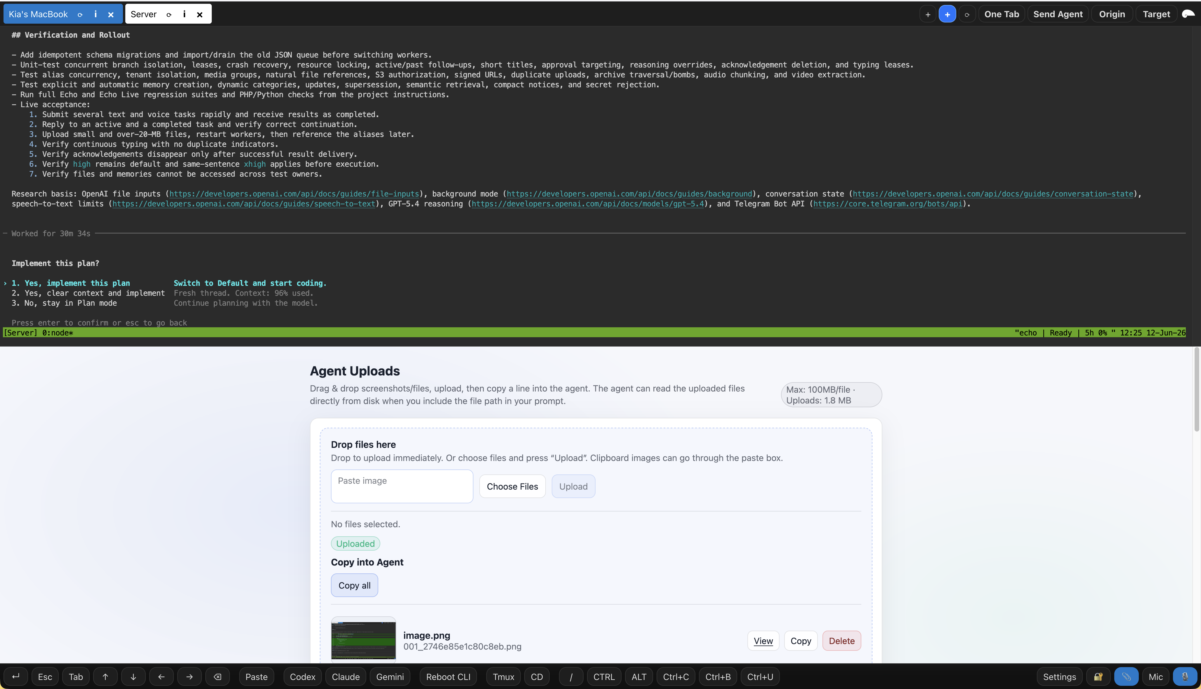 TeleIDE terminal and Agent Uploads panel open together