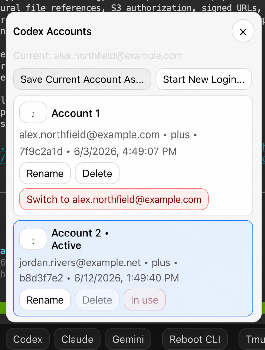 TeleIDE Codex account manager with two saved accounts