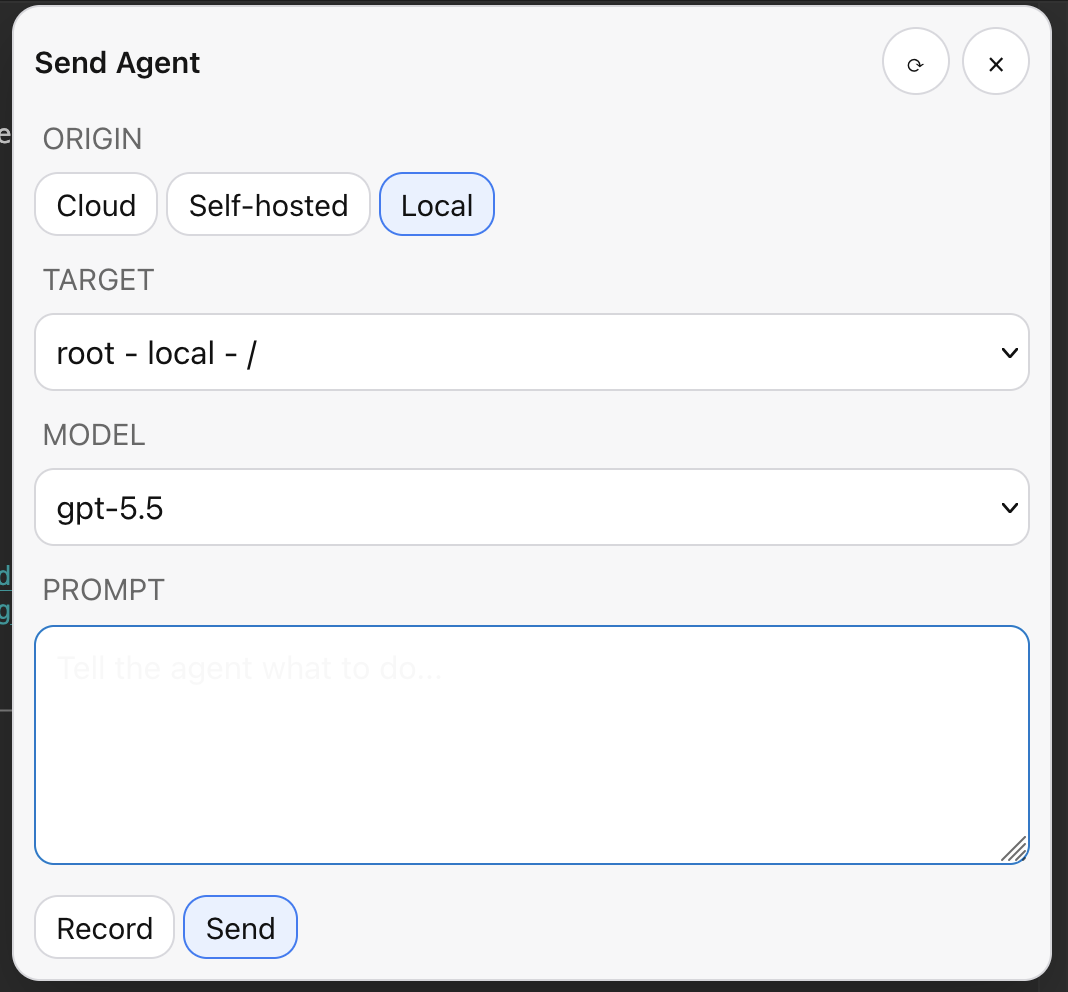 TeleIDE Send Agent form with origin, target, model, and prompt