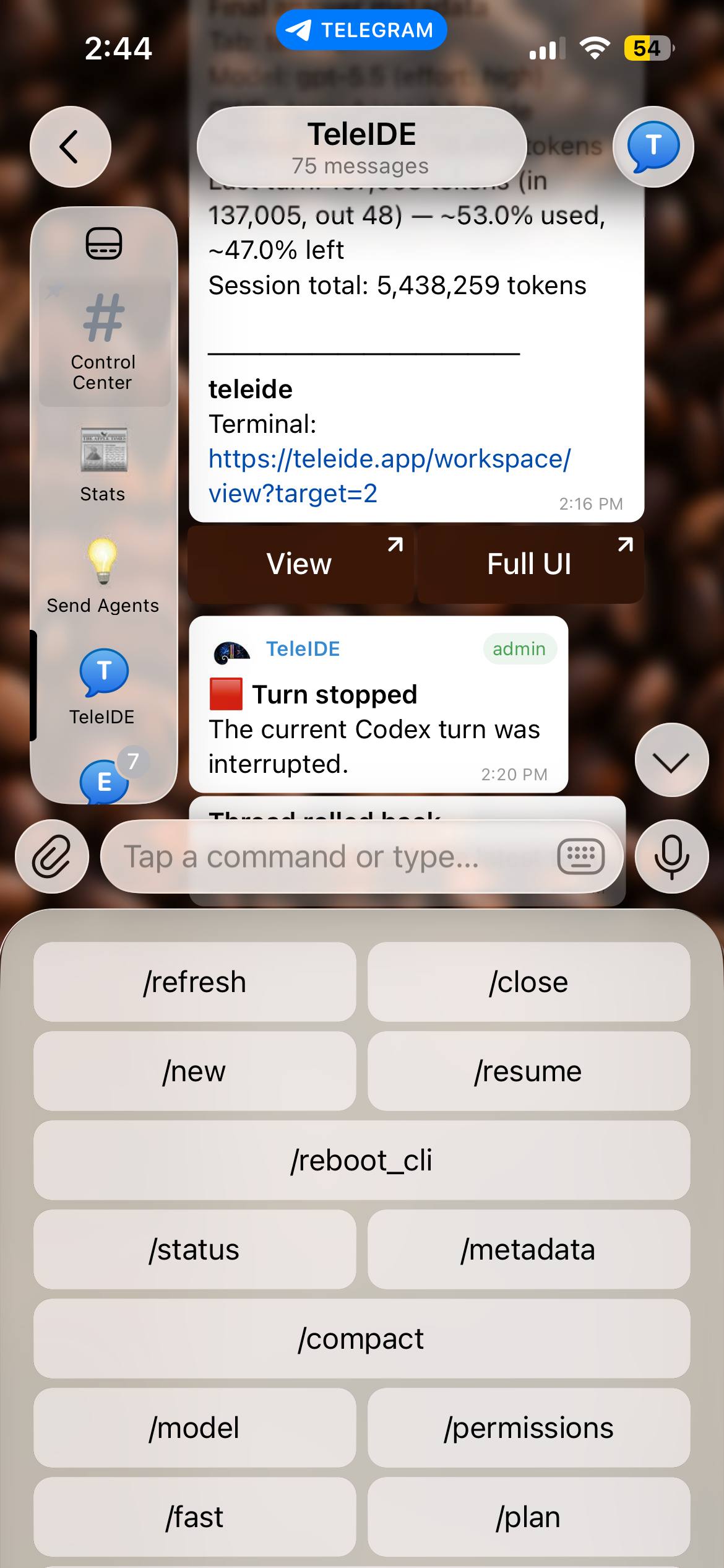 TeleIDE Telegram interface with workspace topics, terminal links, status updates, and agent commands