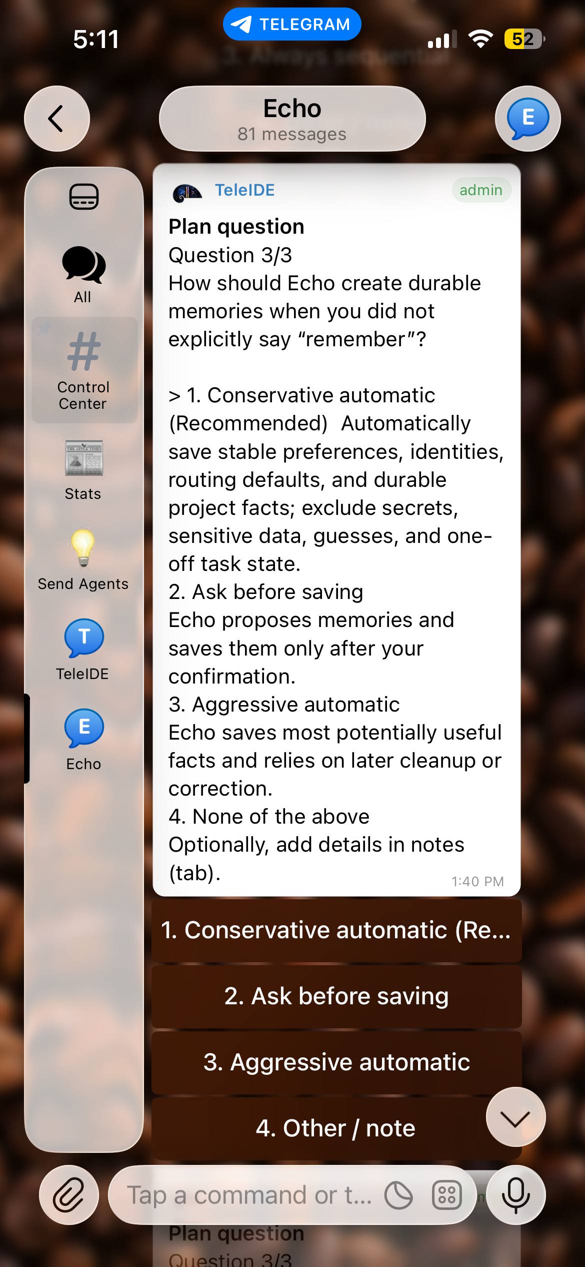 TeleIDE Telegram interface showing an agent plan question with native response buttons