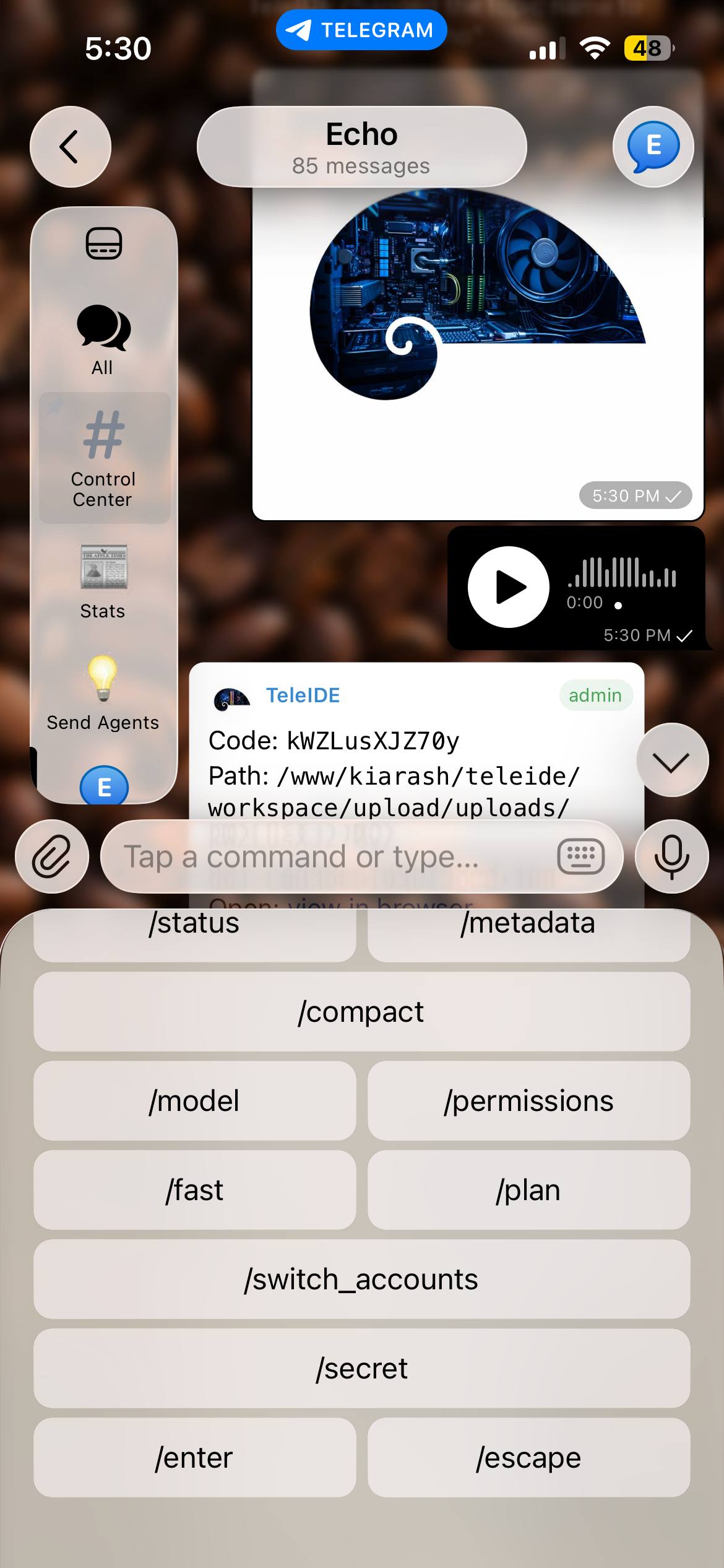 TeleIDE Telegram interface showing voice messages, uploads, and CLI command buttons