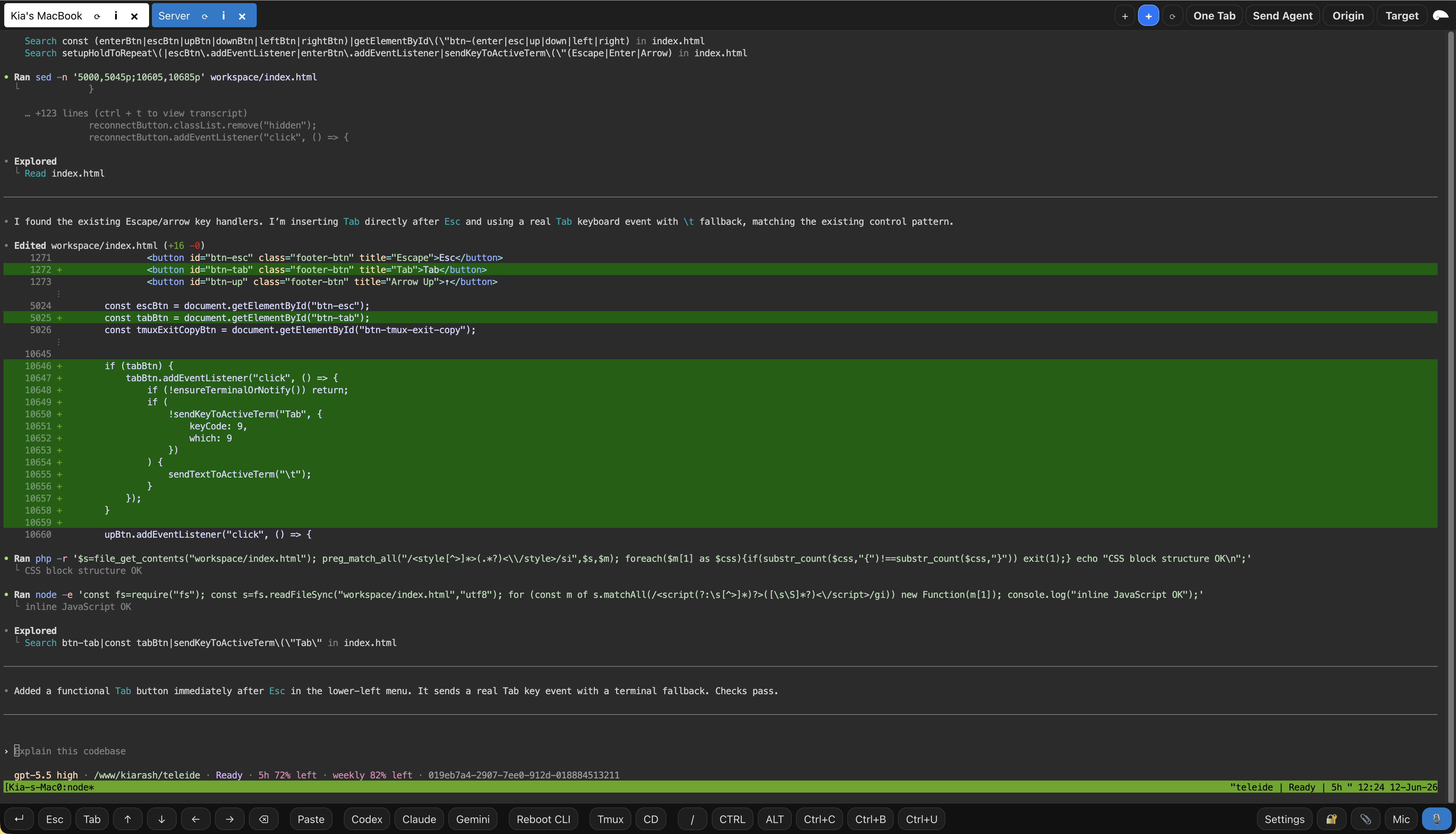 TeleIDE web workspace with multiple tmux tabs, terminal controls, origins, targets, and agent actions